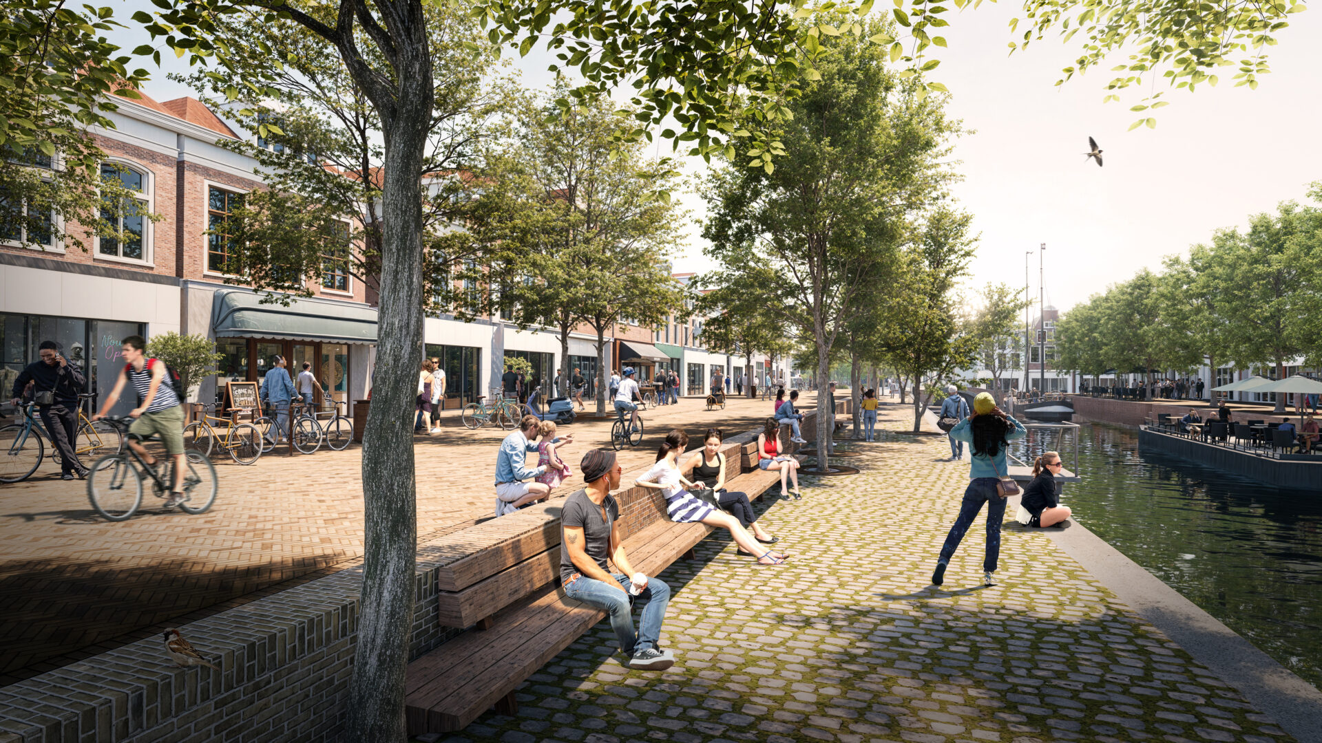 Impressie van de nieuwe zitbankjes langs het water op de Nieuwestad